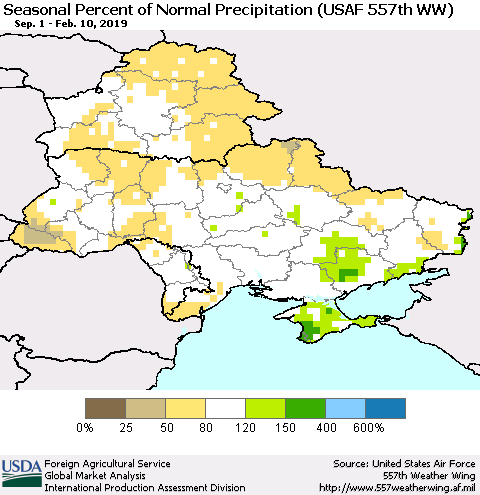 Ukraine, Moldova and Belarus Seasonal Percent of Normal Precipitation (USAF 557th WW) Thematic Map For 9/1/2018 - 2/10/2019
