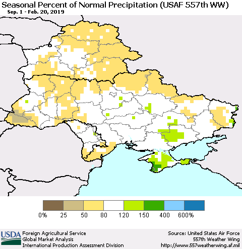 Ukraine, Moldova and Belarus Seasonal Percent of Normal Precipitation (USAF 557th WW) Thematic Map For 9/1/2018 - 2/20/2019