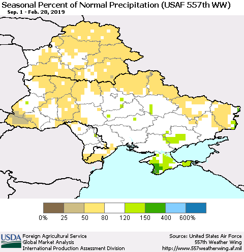 Ukraine, Moldova and Belarus Seasonal Percent of Normal Precipitation (USAF 557th WW) Thematic Map For 9/1/2018 - 2/28/2019