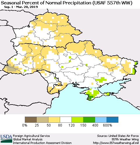 Ukraine, Moldova and Belarus Seasonal Percent of Normal Precipitation (USAF 557th WW) Thematic Map For 9/1/2018 - 3/20/2019