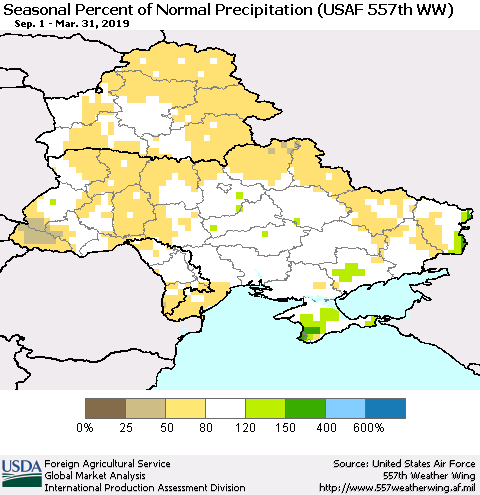 Ukraine, Moldova and Belarus Seasonal Percent of Normal Precipitation (USAF 557th WW) Thematic Map For 9/1/2018 - 3/31/2019
