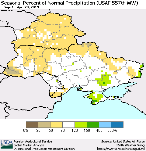 Ukraine, Moldova and Belarus Seasonal Percent of Normal Precipitation (USAF 557th WW) Thematic Map For 9/1/2018 - 4/20/2019