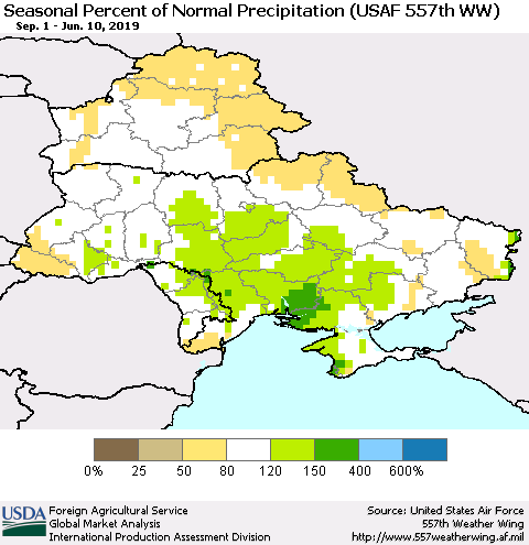 Ukraine, Moldova and Belarus Seasonal Percent of Normal Precipitation (USAF 557th WW) Thematic Map For 9/1/2018 - 6/10/2019
