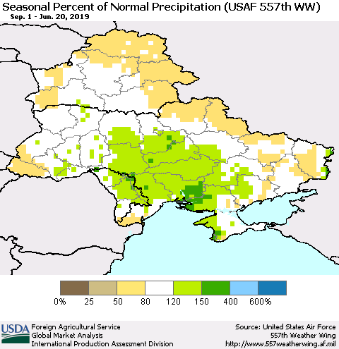 Ukraine, Moldova and Belarus Seasonal Percent of Normal Precipitation (USAF 557th WW) Thematic Map For 9/1/2018 - 6/20/2019