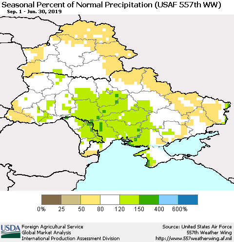 Ukraine, Moldova and Belarus Seasonal Percent of Normal Precipitation (USAF 557th WW) Thematic Map For 9/1/2018 - 6/30/2019