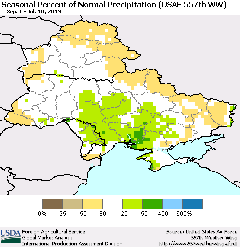 Ukraine, Moldova and Belarus Seasonal Percent of Normal Precipitation (USAF 557th WW) Thematic Map For 9/1/2018 - 7/10/2019
