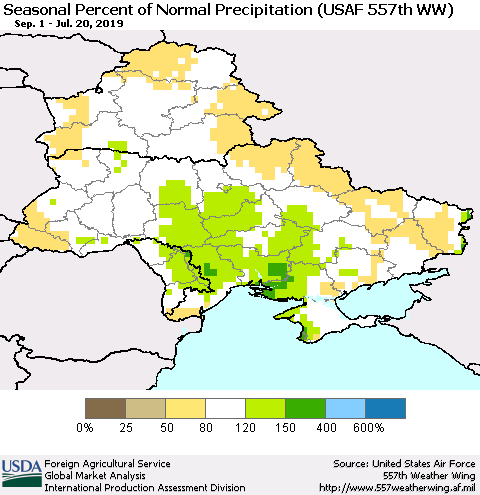 Ukraine, Moldova and Belarus Seasonal Percent of Normal Precipitation (USAF 557th WW) Thematic Map For 9/1/2018 - 7/20/2019