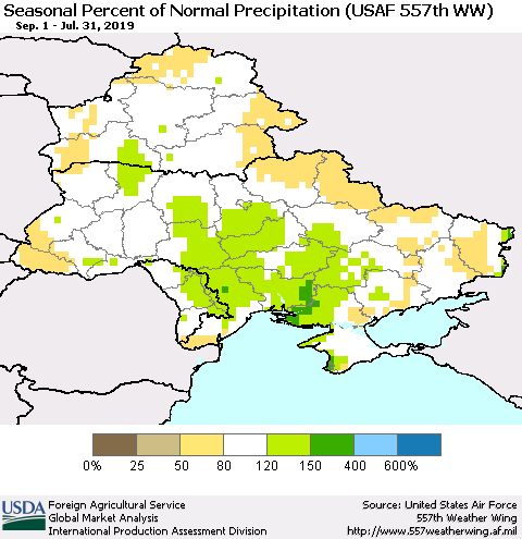 Ukraine, Moldova and Belarus Seasonal Percent of Normal Precipitation (USAF 557th WW) Thematic Map For 9/1/2018 - 7/31/2019