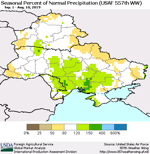Ukraine, Moldova and Belarus Seasonal Percent of Normal Precipitation (USAF 557th WW) Thematic Map For 9/1/2018 - 8/10/2019