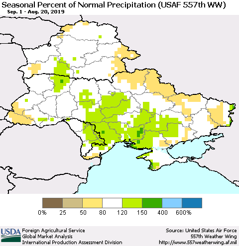 Ukraine, Moldova and Belarus Seasonal Percent of Normal Precipitation (USAF 557th WW) Thematic Map For 9/1/2018 - 8/20/2019