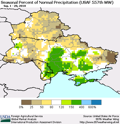 Ukraine, Moldova and Belarus Seasonal Percent of Normal Precipitation (USAF 557th WW) Thematic Map For 9/1/2018 - 9/20/2018