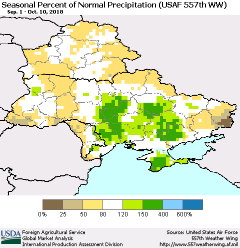 Ukraine, Moldova and Belarus Seasonal Percent of Normal Precipitation (USAF 557th WW) Thematic Map For 9/1/2018 - 10/10/2018