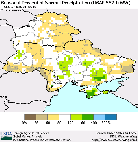 Ukraine, Moldova and Belarus Seasonal Percent of Normal Precipitation (USAF 557th WW) Thematic Map For 9/1/2018 - 10/31/2018