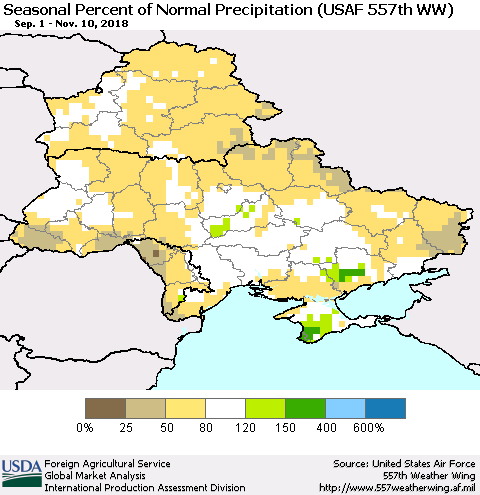 Ukraine, Moldova and Belarus Seasonal Percent of Normal Precipitation (USAF 557th WW) Thematic Map For 9/1/2018 - 11/10/2018