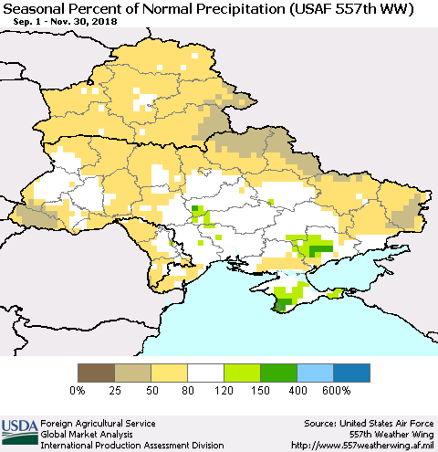 Ukraine, Moldova and Belarus Seasonal Percent of Normal Precipitation (USAF 557th WW) Thematic Map For 9/1/2018 - 11/30/2018