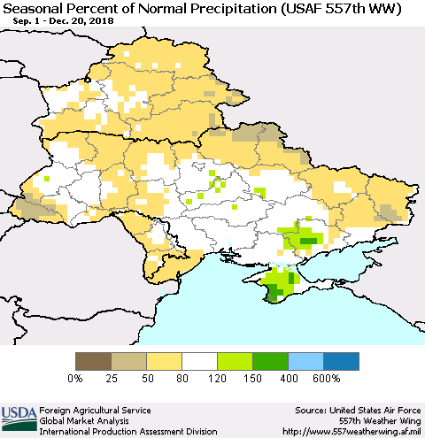 Ukraine, Moldova and Belarus Seasonal Percent of Normal Precipitation (USAF 557th WW) Thematic Map For 9/1/2018 - 12/20/2018