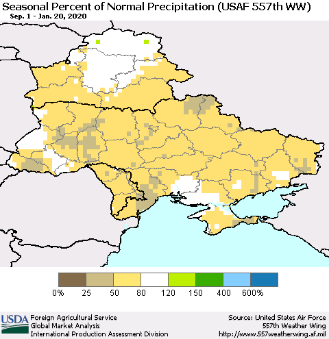 Ukraine, Moldova and Belarus Seasonal Percent of Normal Precipitation (USAF 557th WW) Thematic Map For 9/1/2019 - 1/20/2020