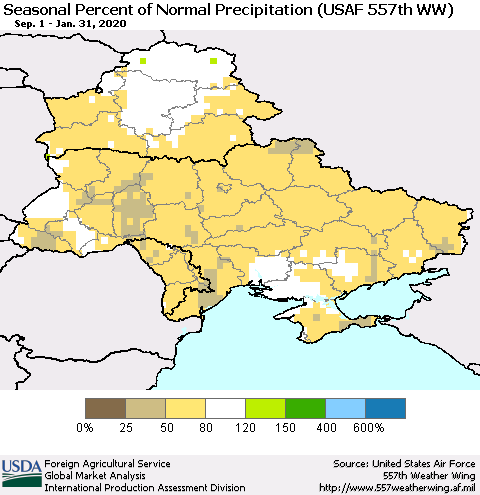 Ukraine, Moldova and Belarus Seasonal Percent of Normal Precipitation (USAF 557th WW) Thematic Map For 9/1/2019 - 1/31/2020