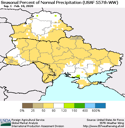 Ukraine, Moldova and Belarus Seasonal Percent of Normal Precipitation (USAF 557th WW) Thematic Map For 9/1/2019 - 2/10/2020