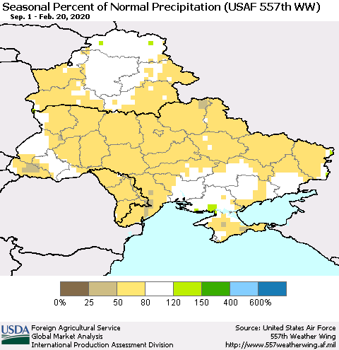 Ukraine, Moldova and Belarus Seasonal Percent of Normal Precipitation (USAF 557th WW) Thematic Map For 9/1/2019 - 2/20/2020