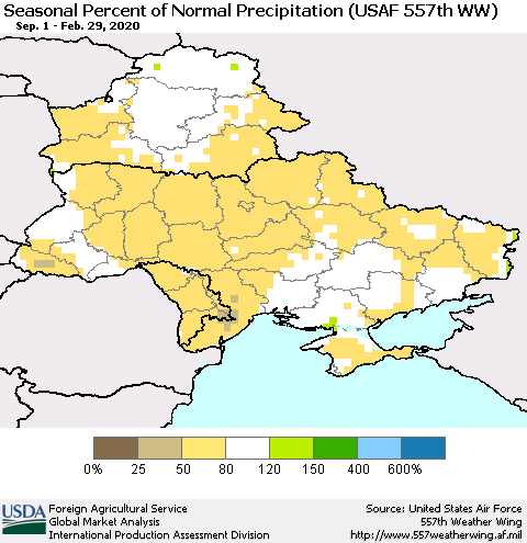 Ukraine, Moldova and Belarus Seasonal Percent of Normal Precipitation (USAF 557th WW) Thematic Map For 9/1/2019 - 2/29/2020