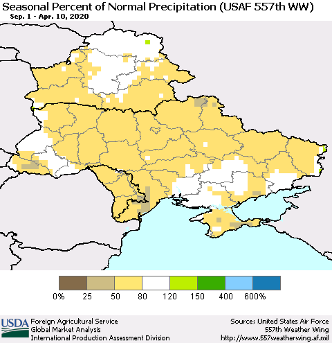 Ukraine, Moldova and Belarus Seasonal Percent of Normal Precipitation (USAF 557th WW) Thematic Map For 9/1/2019 - 4/10/2020