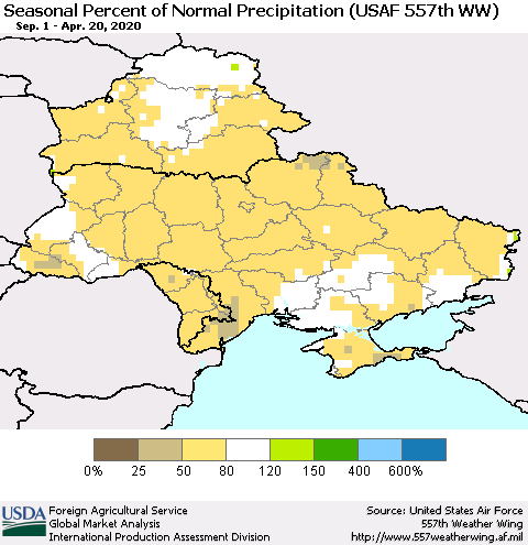 Ukraine, Moldova and Belarus Seasonal Percent of Normal Precipitation (USAF 557th WW) Thematic Map For 9/1/2019 - 4/20/2020