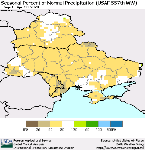 Ukraine, Moldova and Belarus Seasonal Percent of Normal Precipitation (USAF 557th WW) Thematic Map For 9/1/2019 - 4/30/2020