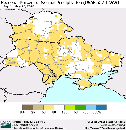 Ukraine, Moldova and Belarus Seasonal Percent of Normal Precipitation (USAF 557th WW) Thematic Map For 9/1/2019 - 5/20/2020