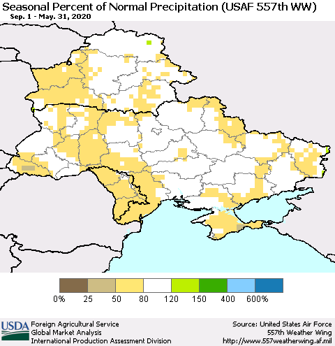 Ukraine, Moldova and Belarus Seasonal Percent of Normal Precipitation (USAF 557th WW) Thematic Map For 9/1/2019 - 5/31/2020