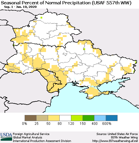Ukraine, Moldova and Belarus Seasonal Percent of Normal Precipitation (USAF 557th WW) Thematic Map For 9/1/2019 - 6/10/2020
