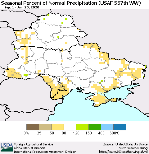 Ukraine, Moldova and Belarus Seasonal Percent of Normal Precipitation (USAF 557th WW) Thematic Map For 9/1/2019 - 6/20/2020