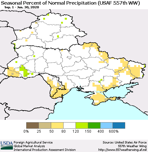 Ukraine, Moldova and Belarus Seasonal Percent of Normal Precipitation (USAF 557th WW) Thematic Map For 9/1/2019 - 6/30/2020