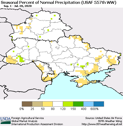 Ukraine, Moldova and Belarus Seasonal Percent of Normal Precipitation (USAF 557th WW) Thematic Map For 9/1/2019 - 7/20/2020