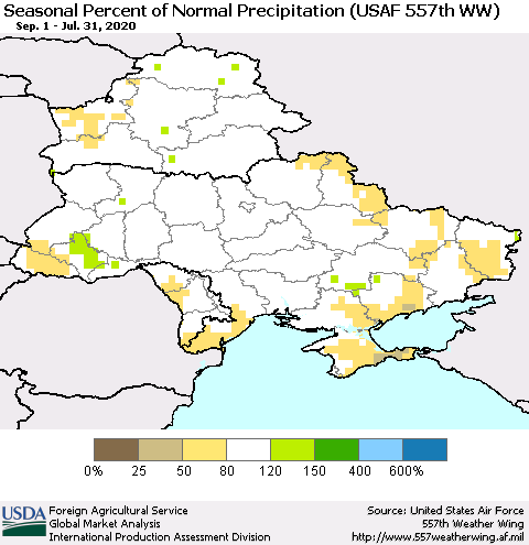 Ukraine, Moldova and Belarus Seasonal Percent of Normal Precipitation (USAF 557th WW) Thematic Map For 9/1/2019 - 7/31/2020