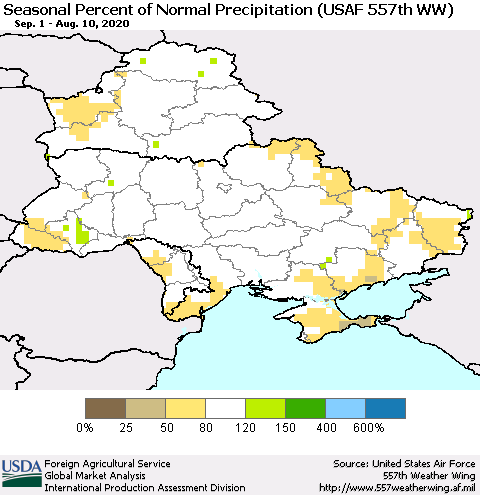 Ukraine, Moldova and Belarus Seasonal Percent of Normal Precipitation (USAF 557th WW) Thematic Map For 9/1/2019 - 8/10/2020