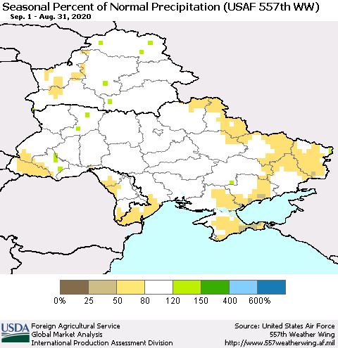 Ukraine, Moldova and Belarus Seasonal Percent of Normal Precipitation (USAF 557th WW) Thematic Map For 9/1/2019 - 8/31/2020