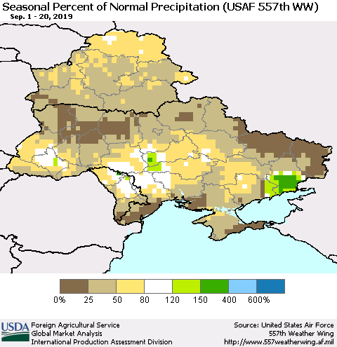 Ukraine, Moldova and Belarus Seasonal Percent of Normal Precipitation (USAF 557th WW) Thematic Map For 9/1/2019 - 9/20/2019