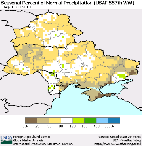 Ukraine, Moldova and Belarus Seasonal Percent of Normal Precipitation (USAF 557th WW) Thematic Map For 9/1/2019 - 9/30/2019