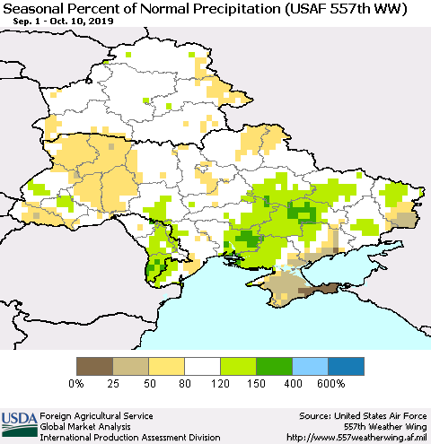 Ukraine, Moldova and Belarus Seasonal Percent of Normal Precipitation (USAF 557th WW) Thematic Map For 9/1/2019 - 10/10/2019