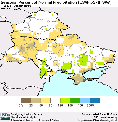 Ukraine, Moldova and Belarus Seasonal Percent of Normal Precipitation (USAF 557th WW) Thematic Map For 9/1/2019 - 10/20/2019
