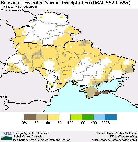 Ukraine, Moldova and Belarus Seasonal Percent of Normal Precipitation (USAF 557th WW) Thematic Map For 9/1/2019 - 11/10/2019