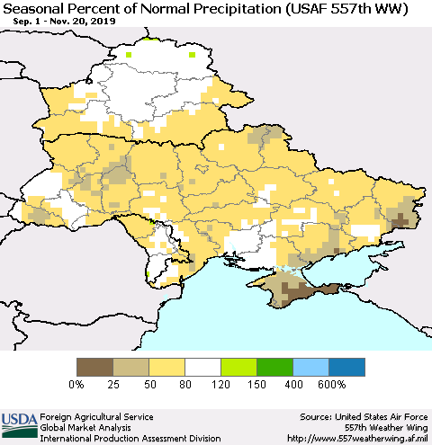 Ukraine, Moldova and Belarus Seasonal Percent of Normal Precipitation (USAF 557th WW) Thematic Map For 9/1/2019 - 11/20/2019