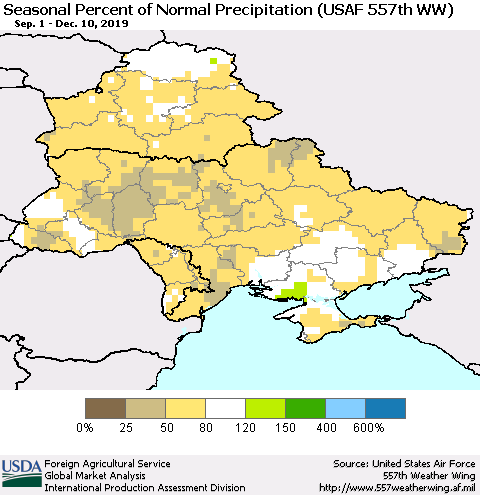 Ukraine, Moldova and Belarus Seasonal Percent of Normal Precipitation (USAF 557th WW) Thematic Map For 9/1/2019 - 12/10/2019