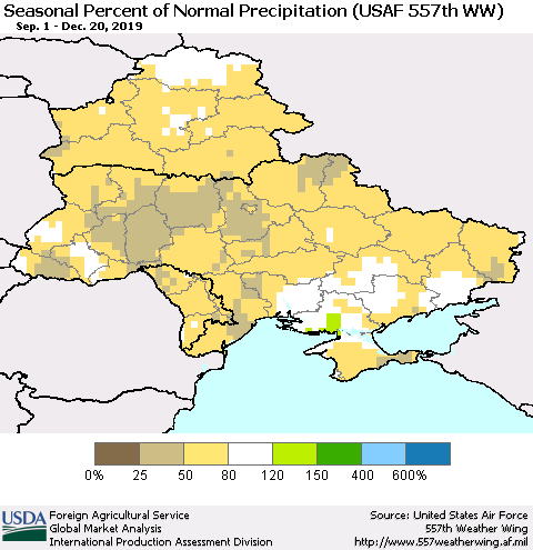 Ukraine, Moldova and Belarus Seasonal Percent of Normal Precipitation (USAF 557th WW) Thematic Map For 9/1/2019 - 12/20/2019