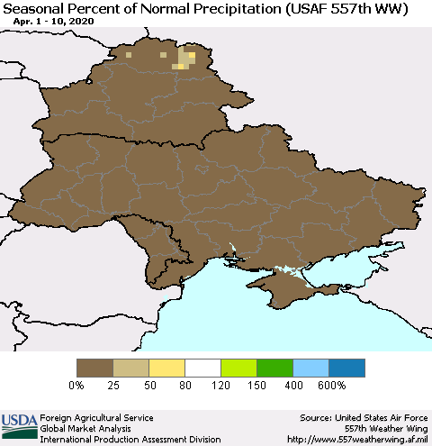 Ukraine, Moldova and Belarus Seasonal Percent of Normal Precipitation (USAF 557th WW) Thematic Map For 4/1/2020 - 4/10/2020