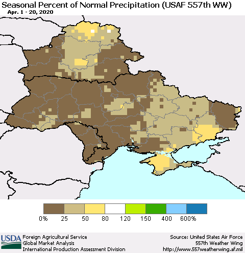 Ukraine, Moldova and Belarus Seasonal Percent of Normal Precipitation (USAF 557th WW) Thematic Map For 4/1/2020 - 4/20/2020