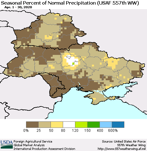 Ukraine, Moldova and Belarus Seasonal Percent of Normal Precipitation (USAF 557th WW) Thematic Map For 4/1/2020 - 4/30/2020