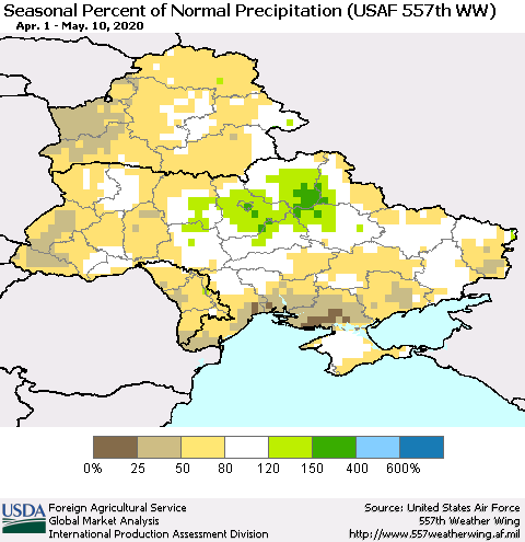 Ukraine, Moldova and Belarus Seasonal Percent of Normal Precipitation (USAF 557th WW) Thematic Map For 4/1/2020 - 5/10/2020