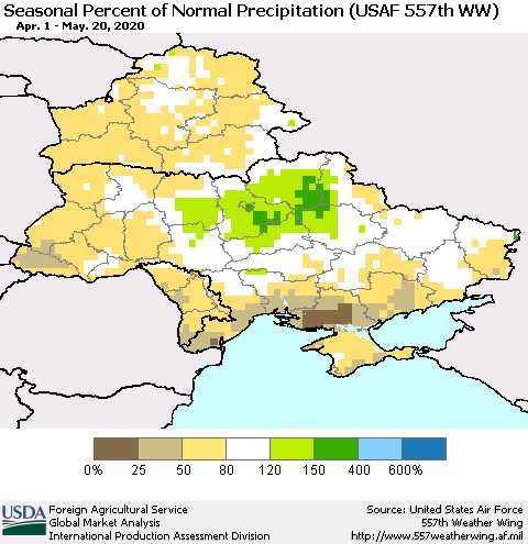 Ukraine, Moldova and Belarus Seasonal Percent of Normal Precipitation (USAF 557th WW) Thematic Map For 4/1/2020 - 5/20/2020